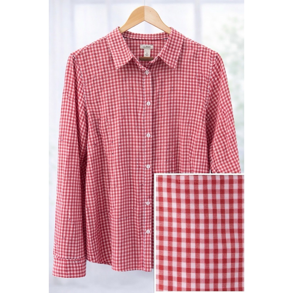 LL Bean Cotton Button Up Shirt Top Orange White Gingham Check Collar Size Large